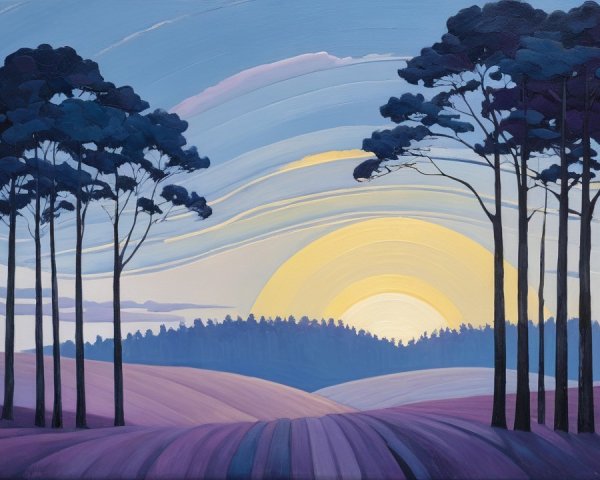 Serene Landscape with Dark Trees and Sunrise Sky