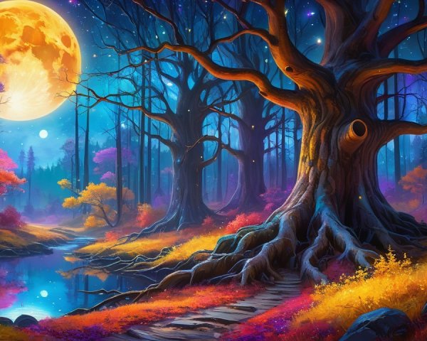Vibrant Mystical Forest with Ancient Gnarled Tree