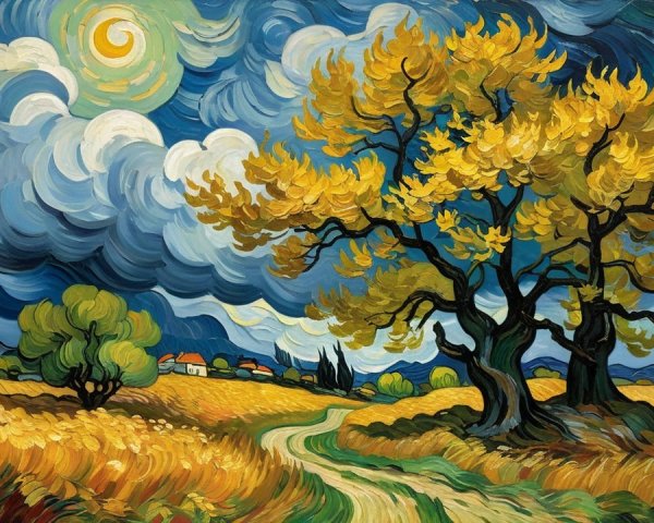 Vibrant Landscape with Winding Path and Golden Fields