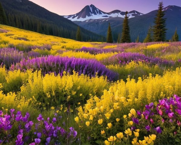 Vibrant Wildflower Field with Snow-Capped Mountains