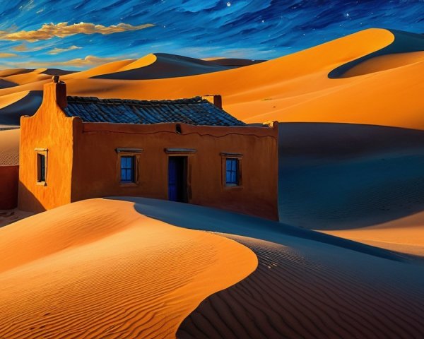 Rustic House in Desert Landscape with Golden Dunes