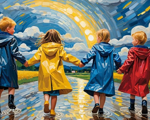 Children in Colorful Raincoats on a Reflective Path