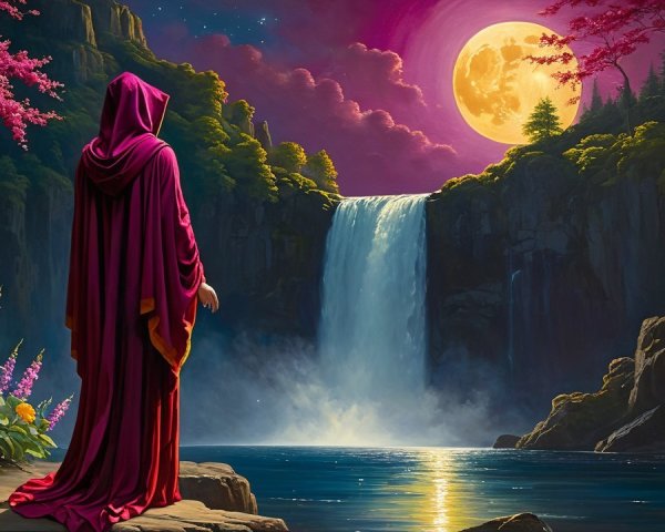 Cloaked Figure by Tranquil Lake and Cascading Waterfall