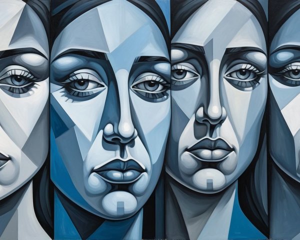 Abstract Female Faces in Blue and Gray Tones