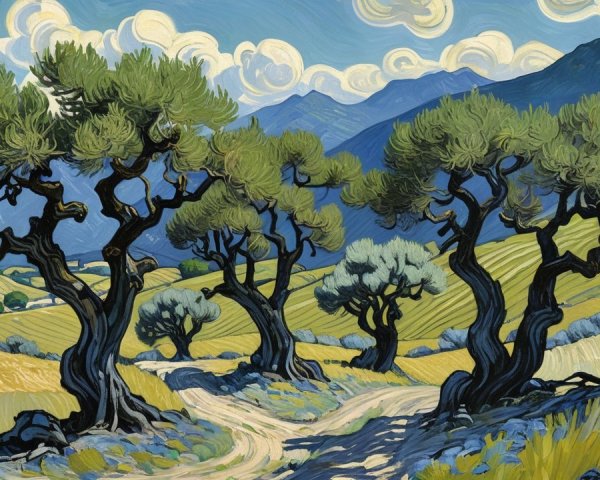 Vibrant Landscape with Twisted Trees and Rolling Hills