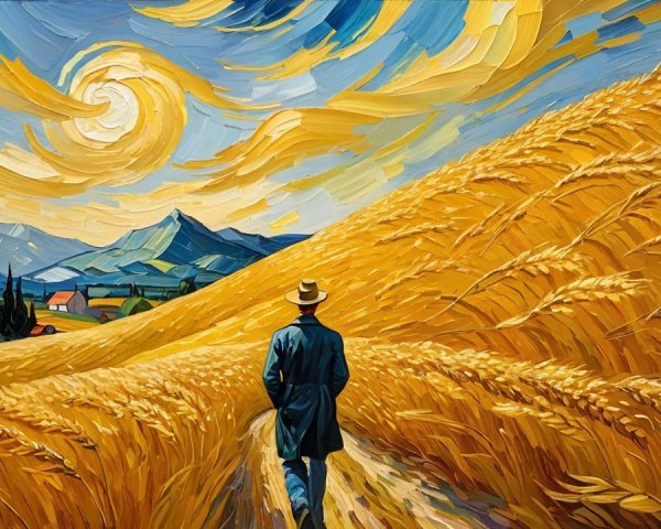 Figure in blue coat walks through golden wheat fields
