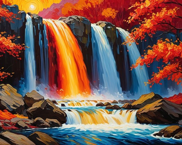 Vibrant Impressionistic Waterfall in Autumn Colors