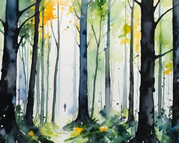 Tranquil Watercolor Forest Scene with Solitary Figure