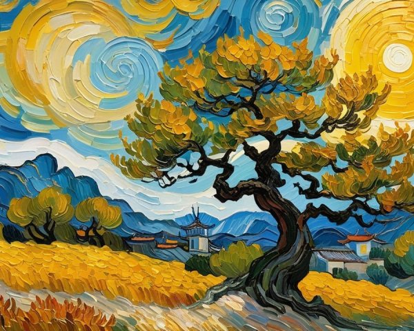 Vibrant Impressionist Landscape with Twisted Tree