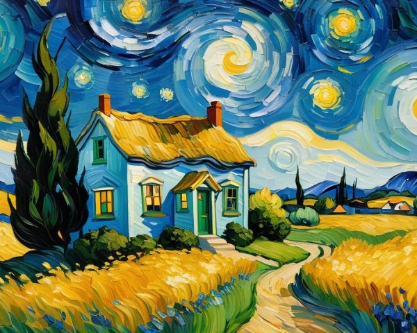 Blue House in Wheat Field Under Starry Night Sky