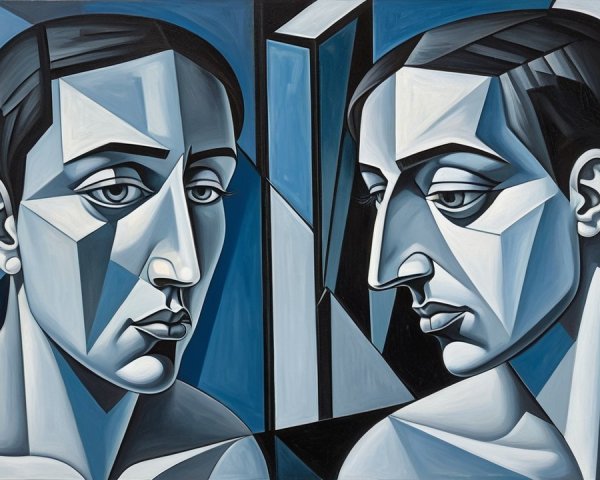 Abstract Figures in Blue and Gray with Geometric Forms