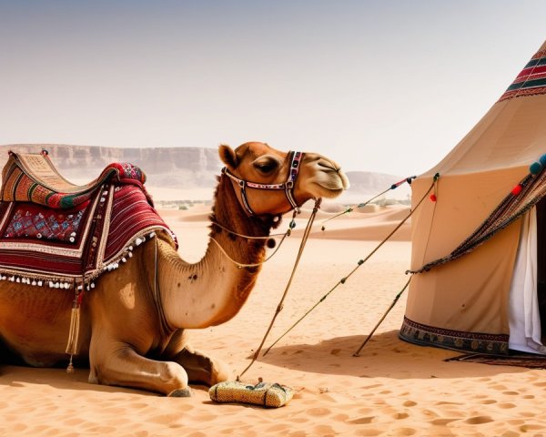Desert Scene with Camel and Traditional Tent