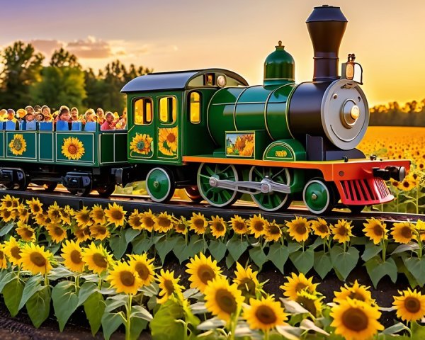 Vibrant Toy Train on Track Surrounded by Sunflowers