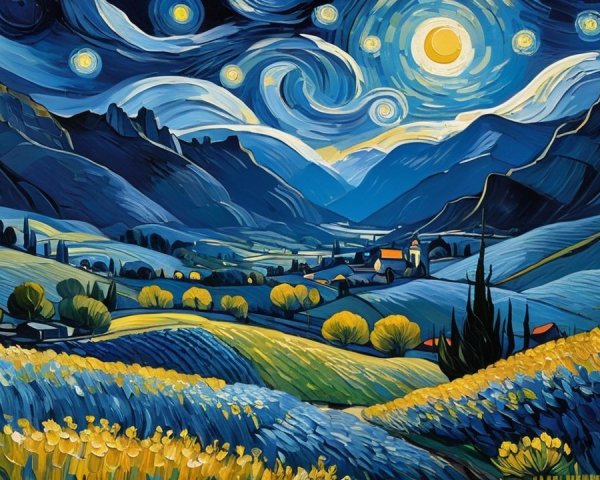 Vibrant Landscape with Hills, Moon, and Village Scene