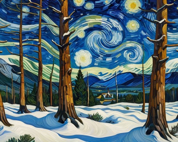 Snowy Landscape with Night Sky and Swirling Colors