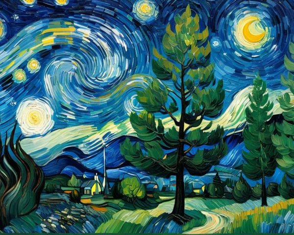 Vibrant Night Sky with Swirling Stars and Moon