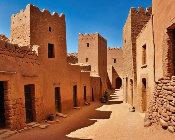 Sunlit Ancient Village Street with Adobe Architecture