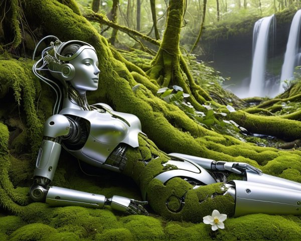 Humanoid Robot in Serene Forest with Waterfall