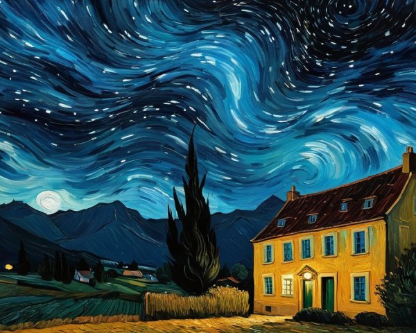 Starry Night Sky Over a Yellow House and Mountains