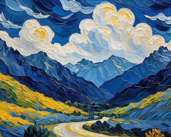 Vibrant Landscape Painting of Mountains and River