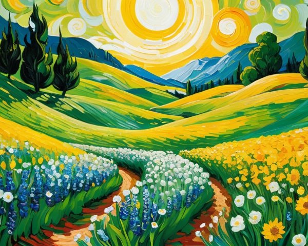 Vibrant Landscape of Rolling Hills and Colorful Flowers