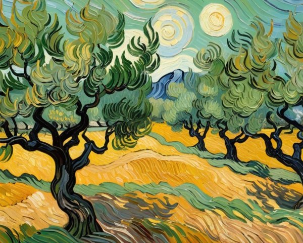 Vibrant Landscape with Olive Trees and Luminous Suns