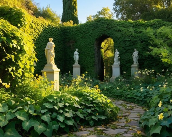 Tranquil Garden Path Surrounded by Lush Greenery