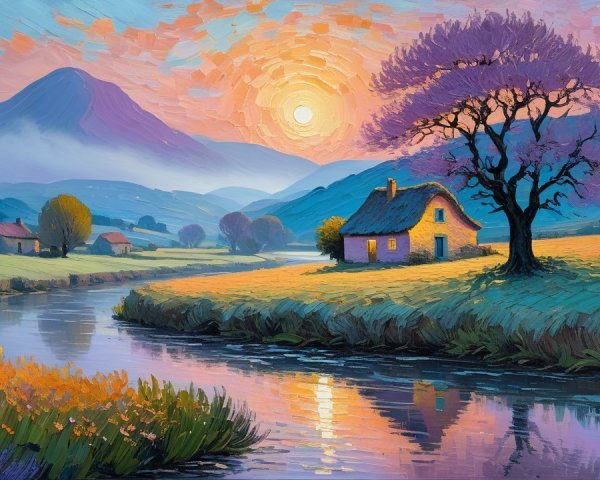 Serene Sunrise Landscape with Cottage and River