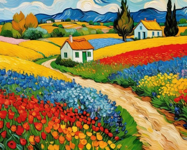 Vibrant Countryside Landscape with Colorful Flowers