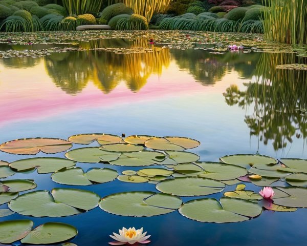 Serene Landscape with Pond and Blooming Lily Pads