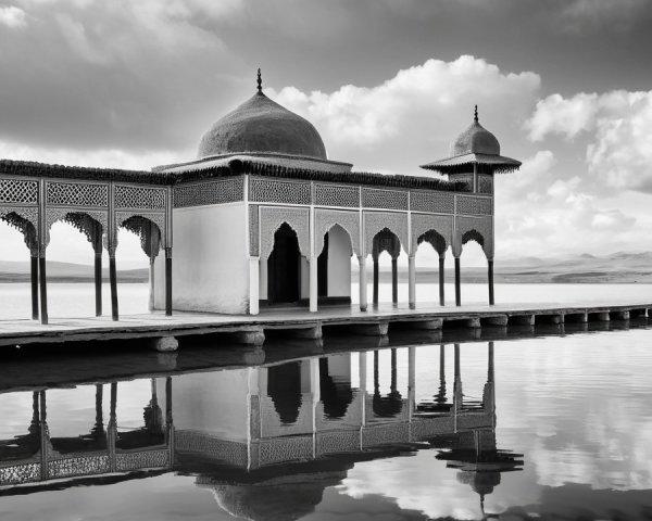 Ornate architectural structure reflected in still waters
