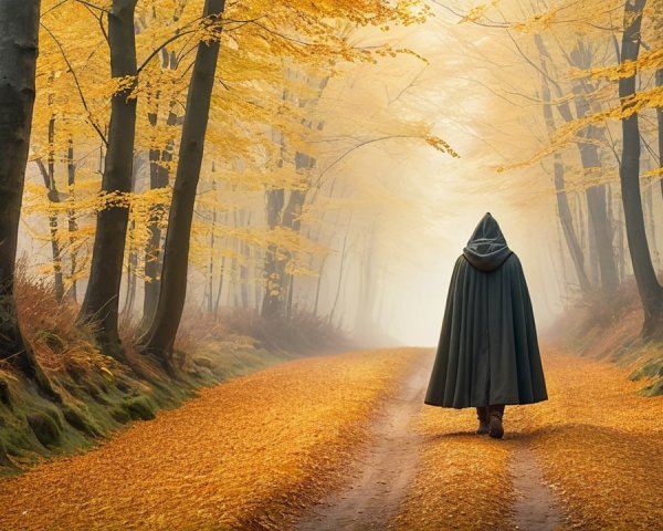 Solitary Figure on Winding Path in Autumn Woods