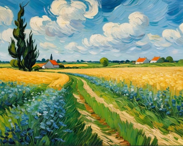 Vibrant Landscape with Wheat Fields and Blue Flowers