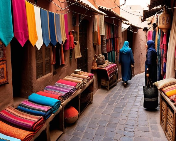 Colorful Market Alleyway with Textile Stalls and Banners
