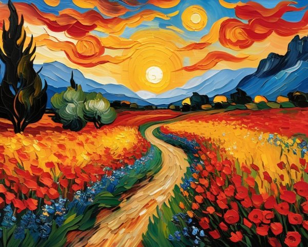 Vibrant Landscape with Winding Path and Sunset Sky