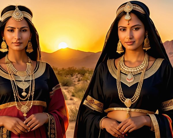 Elegantly Dressed Women in Traditional Attire at Sunset