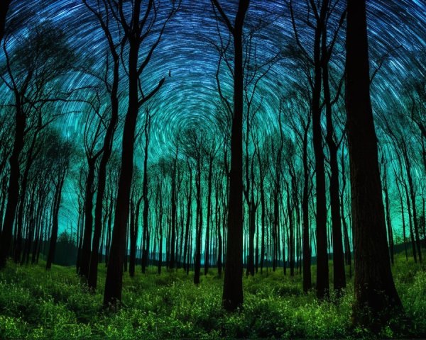 Night Forest Scene with Starry Sky and Greenery