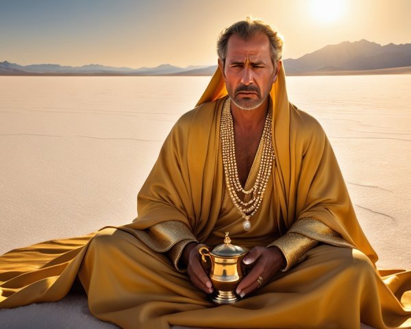 Serene Figure in Golden Robes in Desert Landscape
