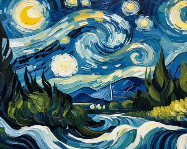 Vibrant Oil Painting of Starry Night Sky and Cypress Trees