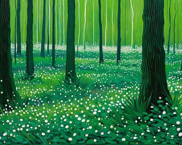 Vibrant Forest Scene with Lush Greenery and Flowers