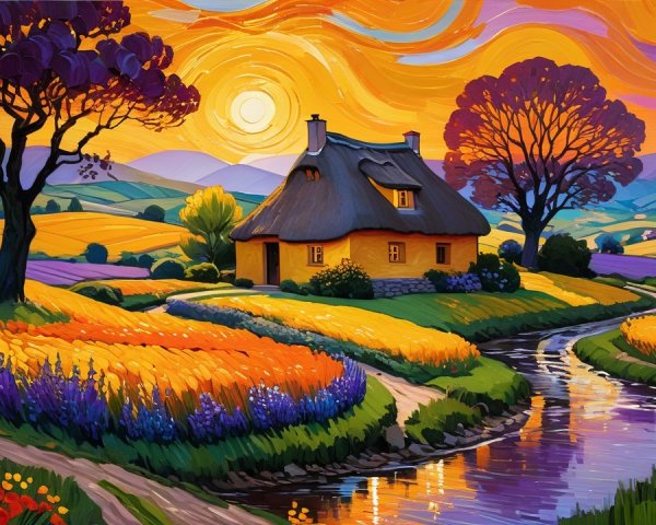 Charming Cottage in Vibrant Flower Fields at Sunset
