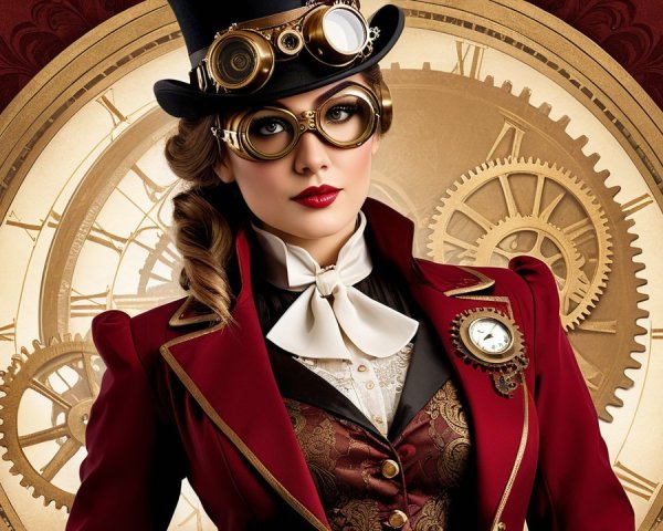 Victorian Steampunk Outfit with Clock Gears Background