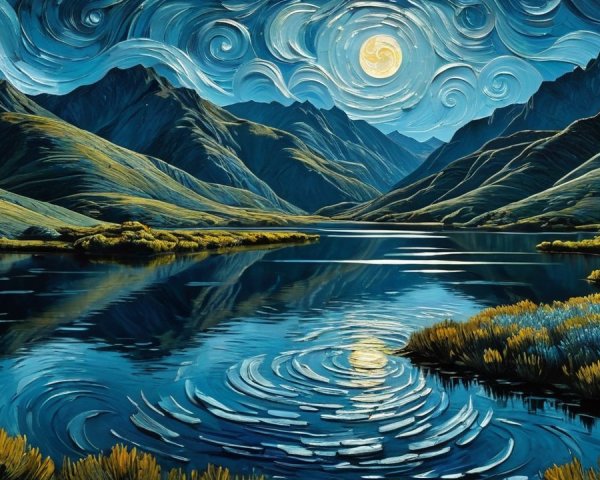 Tranquil Lake Night Scene with Majestic Mountains