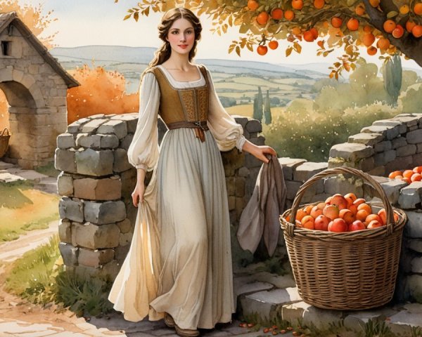 Young Woman in Traditional Dress by Stone Wall