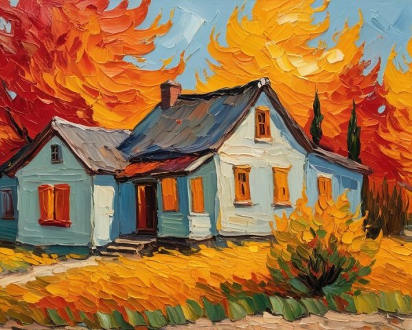 Expressionistic Landscape with Cottage and Autumn Foliage