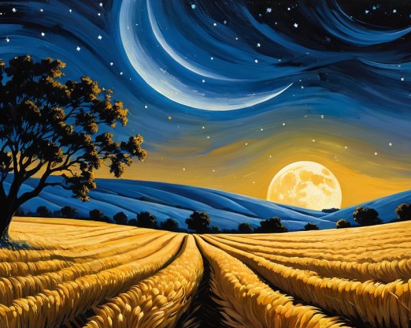 Golden Wheat Fields Under Starry Night Sky