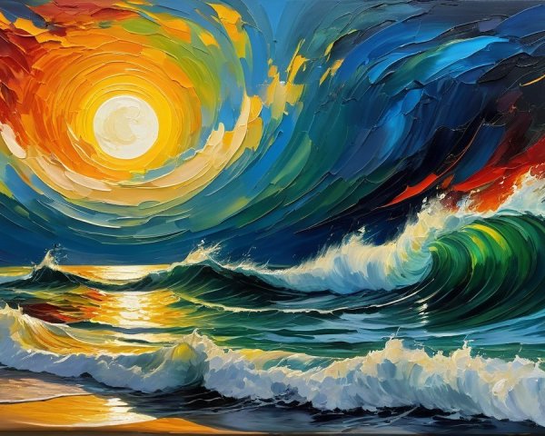 Vibrant Seascape with Swirling Ocean and Dramatic Sky