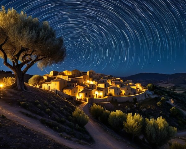 Tranquil Village Under Starry Night Sky with Olive Tree