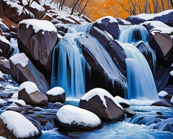 Winter Waterfall Surrounded by Dark Rocks and Trees