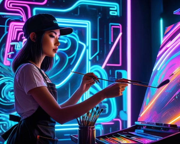 Young artist painting in vibrant neon-lit studio
